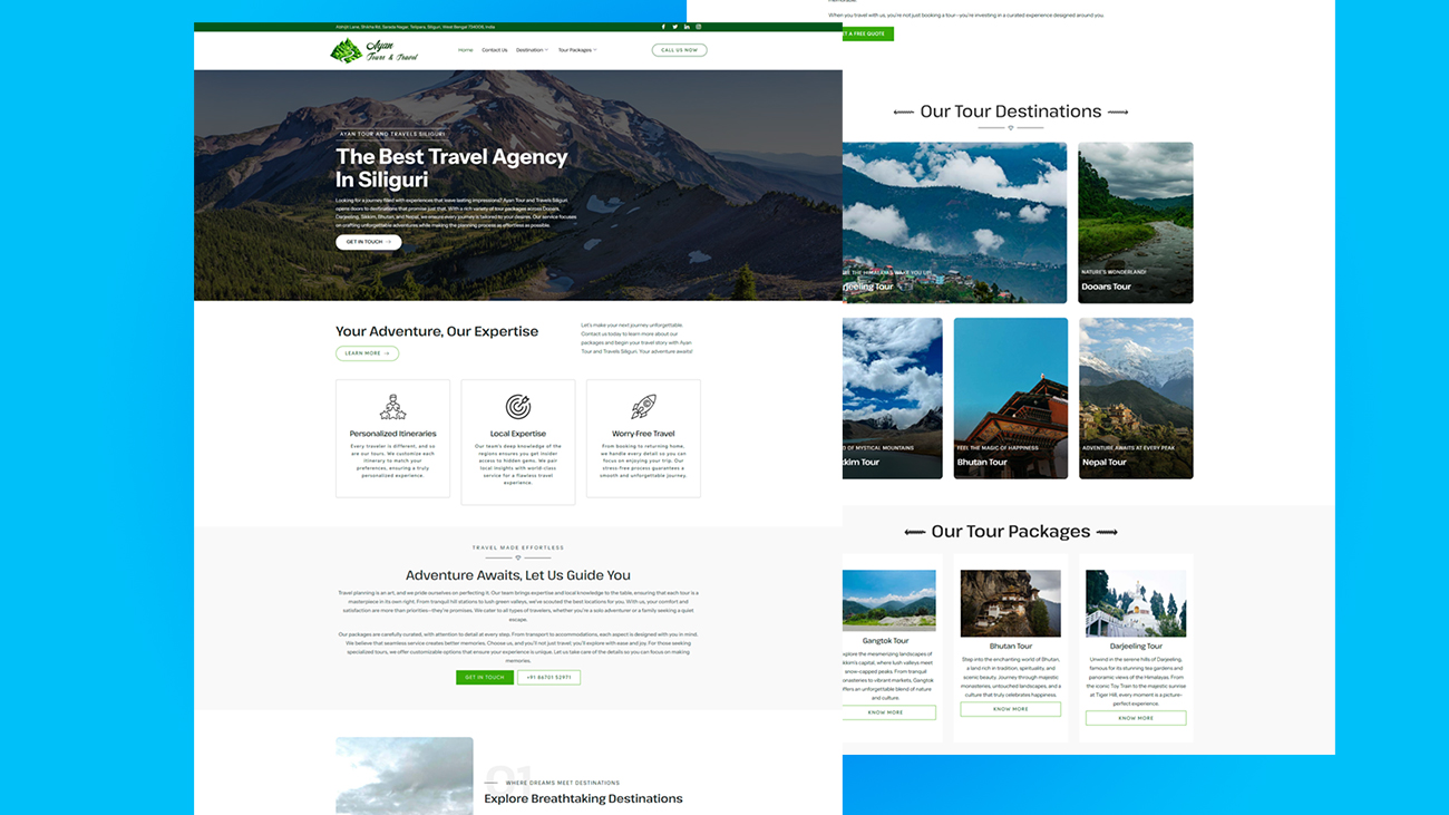 Ayan Tours and Travels desktop homepage design, travel agency in Siliguri