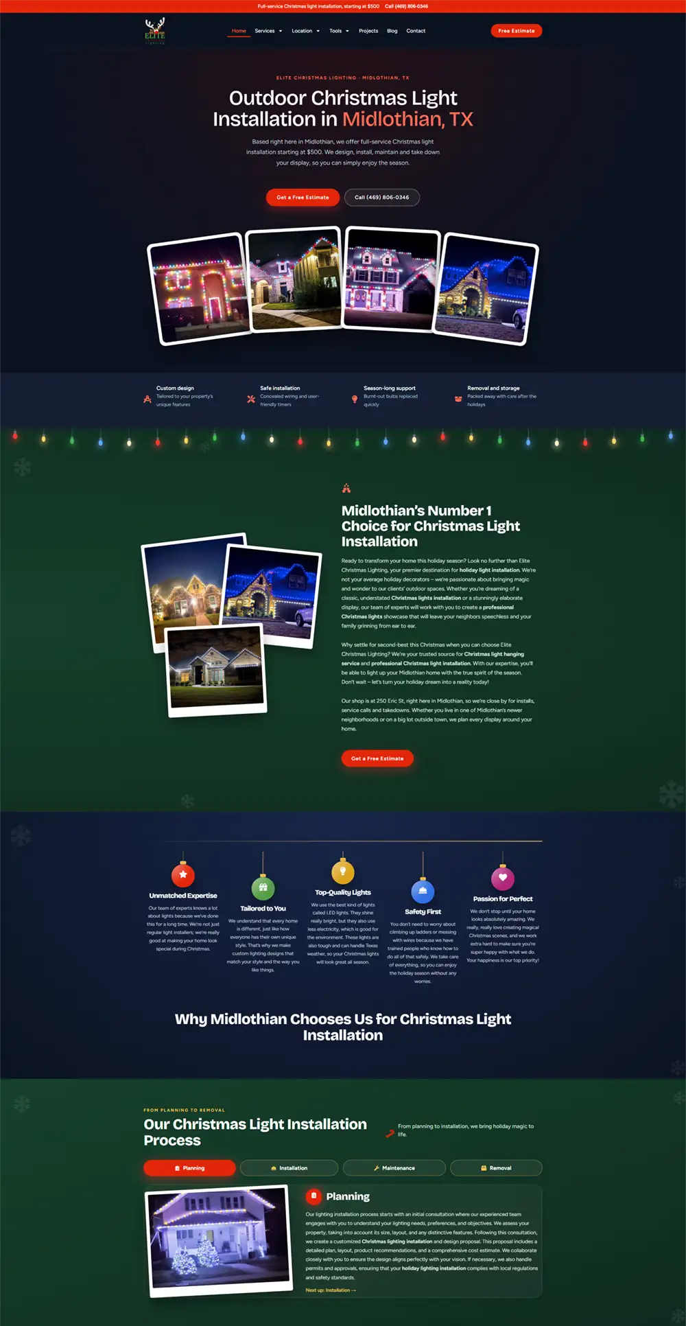 Elite Christmas Lighting website design mobile view