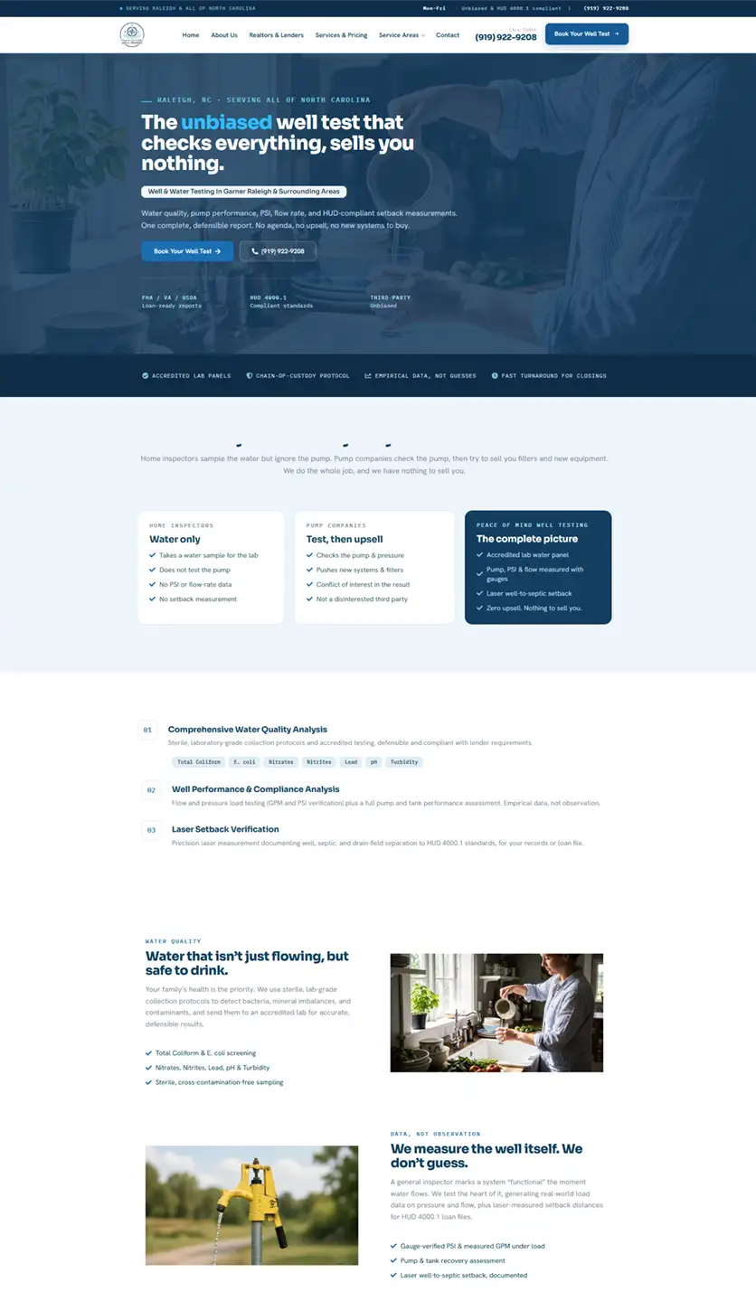 Peace of Mind Well Testing website design mobile view