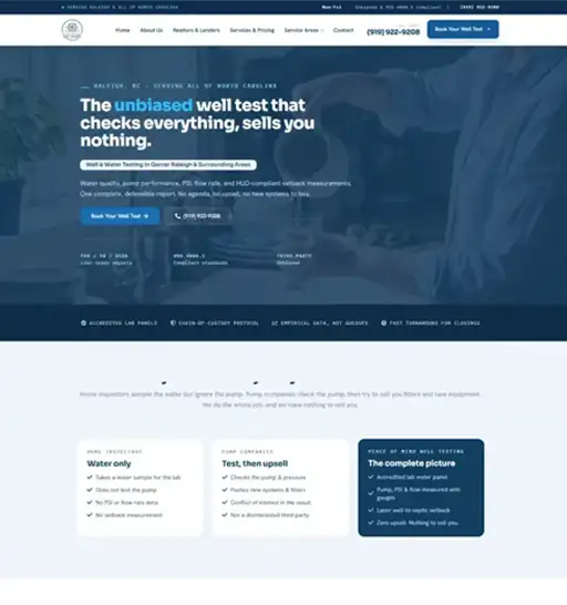 Peace of Mind Well Testing website design