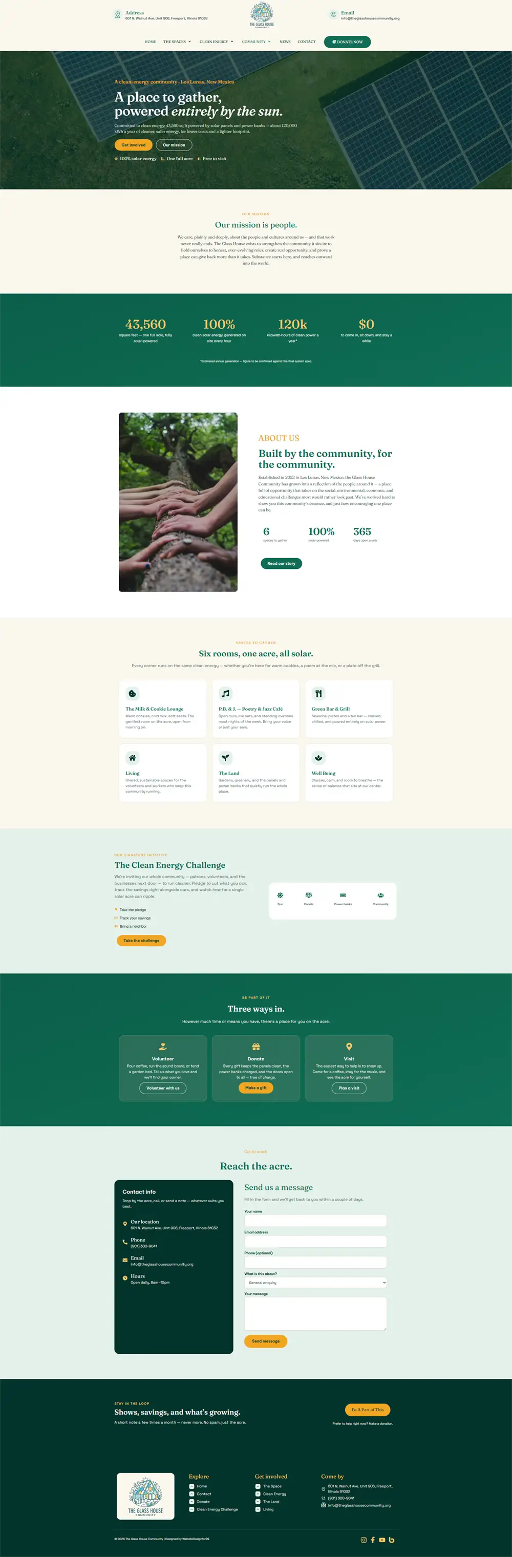 The Glass House Community website design desktop view